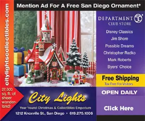 De kerstverlichting van San Diego verlicht buurtstraten Vermeld deze City Lights advertentie en ontvang een gratis ornament bij City Lights Collectibles